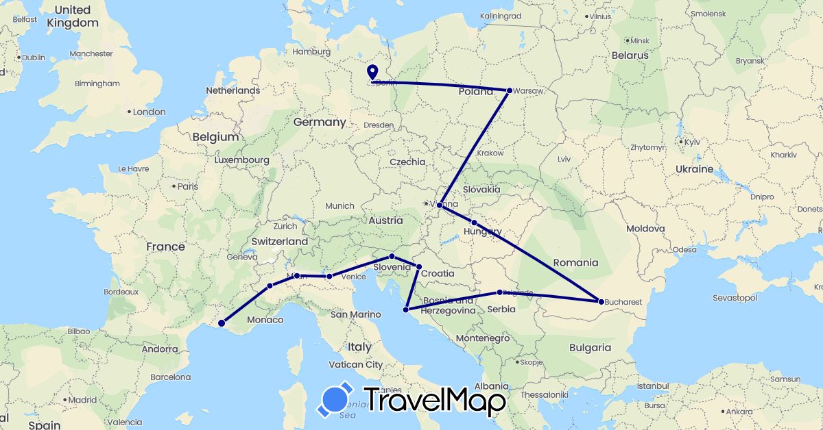 TravelMap itinerary: driving in Germany, France, Croatia, Hungary, Italy, Poland, Romania, Serbia, Slovenia, Slovakia (Europe)